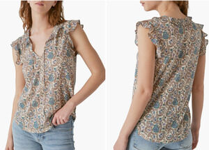 Lucky Brand Women's Paisley Flutter Sleeve Mixed Media Top Size Small 2-6